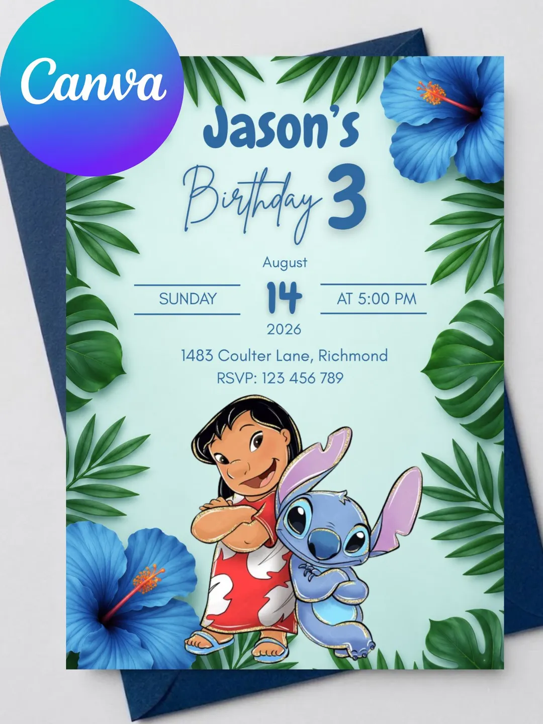 Stitch Birthday Invitation Template, Lilo and Stitch Birthday Invite, Editable Canva Kids Party Invitation, 5x7 Printable Digital Download