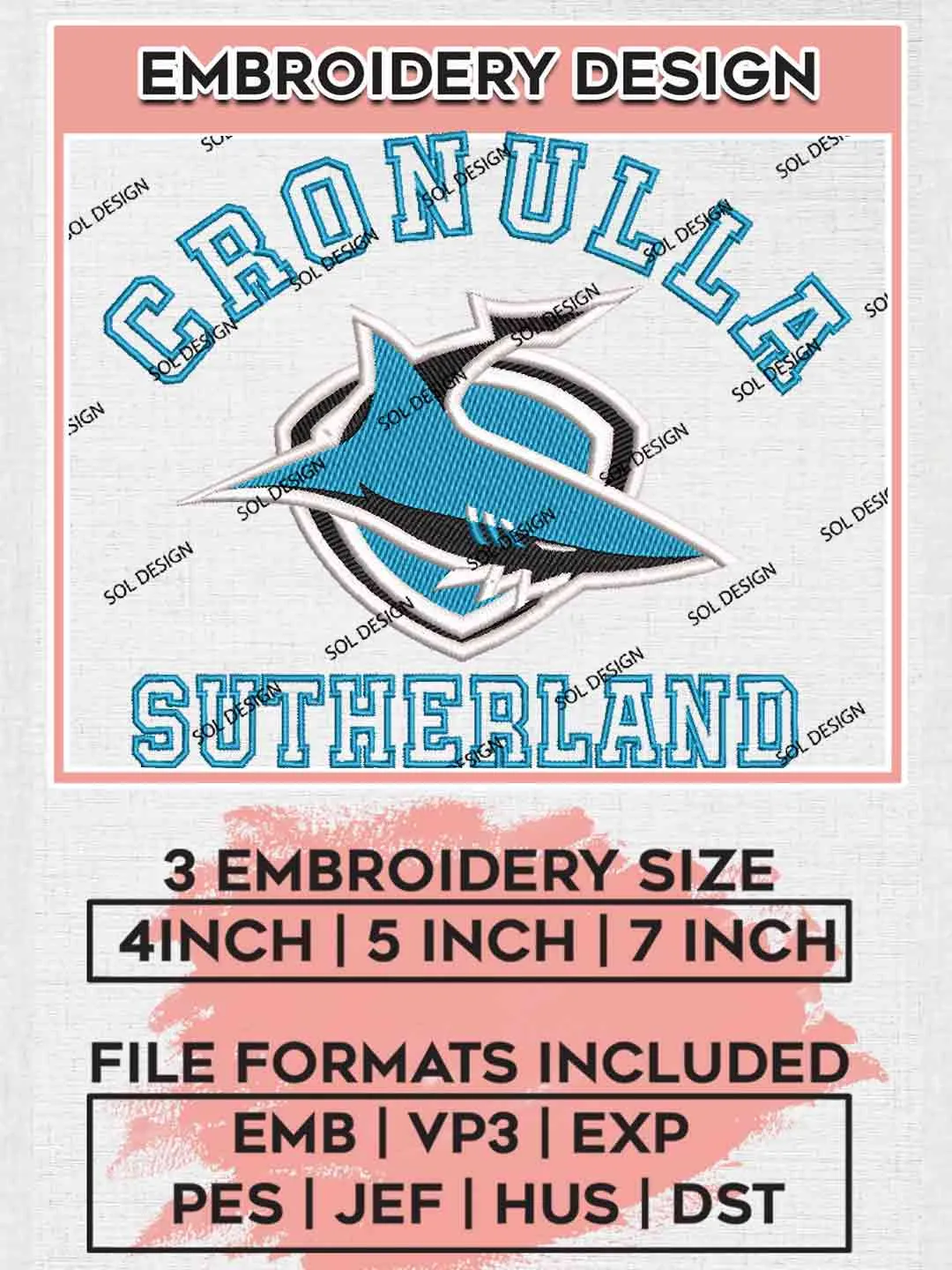 NRL Cronulla Sharks Embroidery Design Files, National Rugby League Logo, Cronulla Sharks Logos Embroidery Design,NRL Machine Embroidery Digitized Pes File,3 Sizes, Instant Download