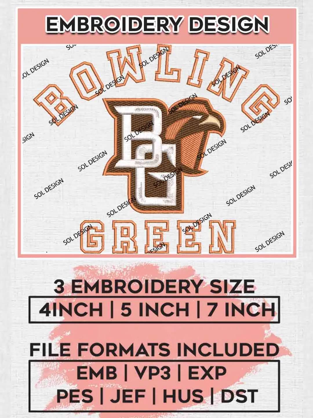 Bowling Green Embroidery Designs, NCAA Bowling Green Falcons Team Logo Embroidery files, NCAA Team, College Football Team Machine embroidery designs, Digital Download