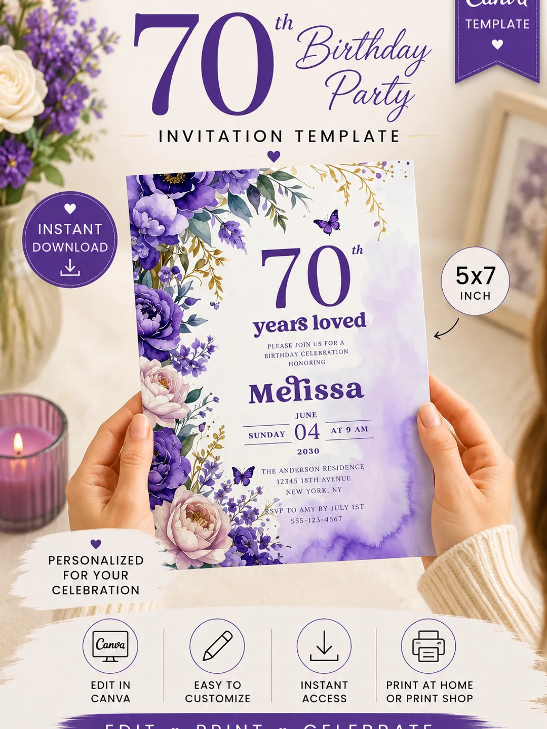 70th Birthday Invitation Canva Template, Purple Floral Butterfly Birthday Invite, Editable 70 Years Loved Party Invitation Digital Download