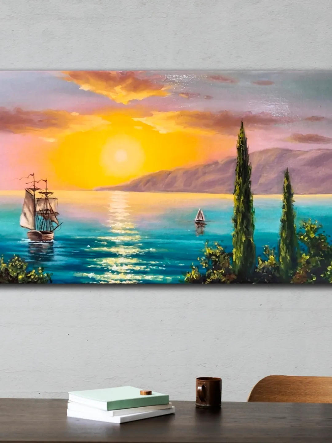 Seascape oil painting Sunset with clouds art Ship in Turquoise