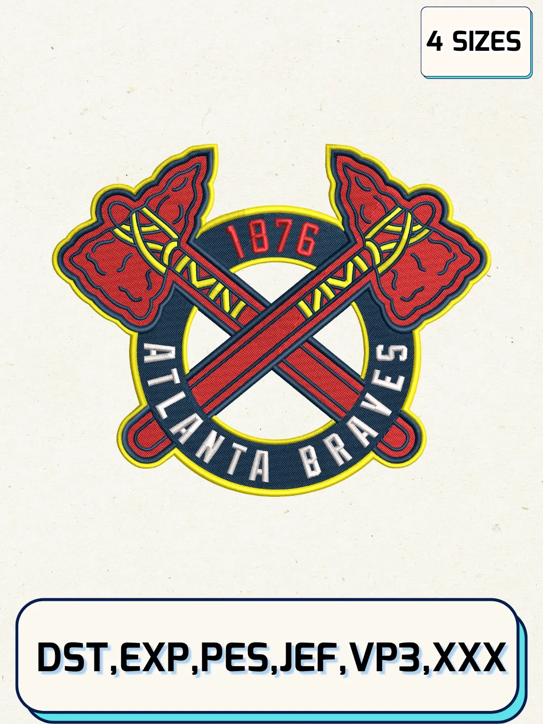 Atlanta Braves Logos Embroidery Design Files, MLB Logos Embroidery Designs, Machine Embroidery Files, 4 Sizes