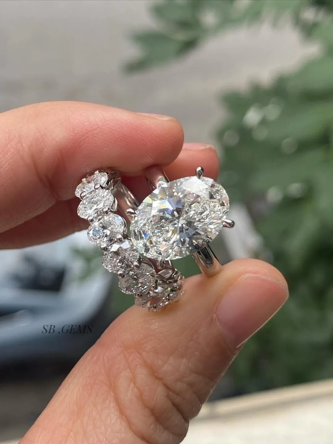 Oval Cut Moissanite Diamond Ring Set 14K White Gold Plated Engagement ...