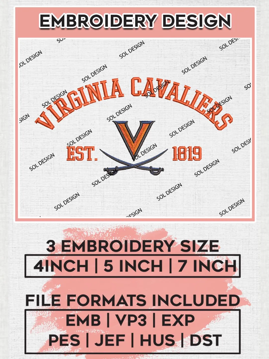 Virginia Cavaliers Est 1819 Embroidery Designs, NCAA Virginia Cavaliers Team Embroidery, NCAA Team Logo, 3 sizes, Machine embroidery Files, Digital Download