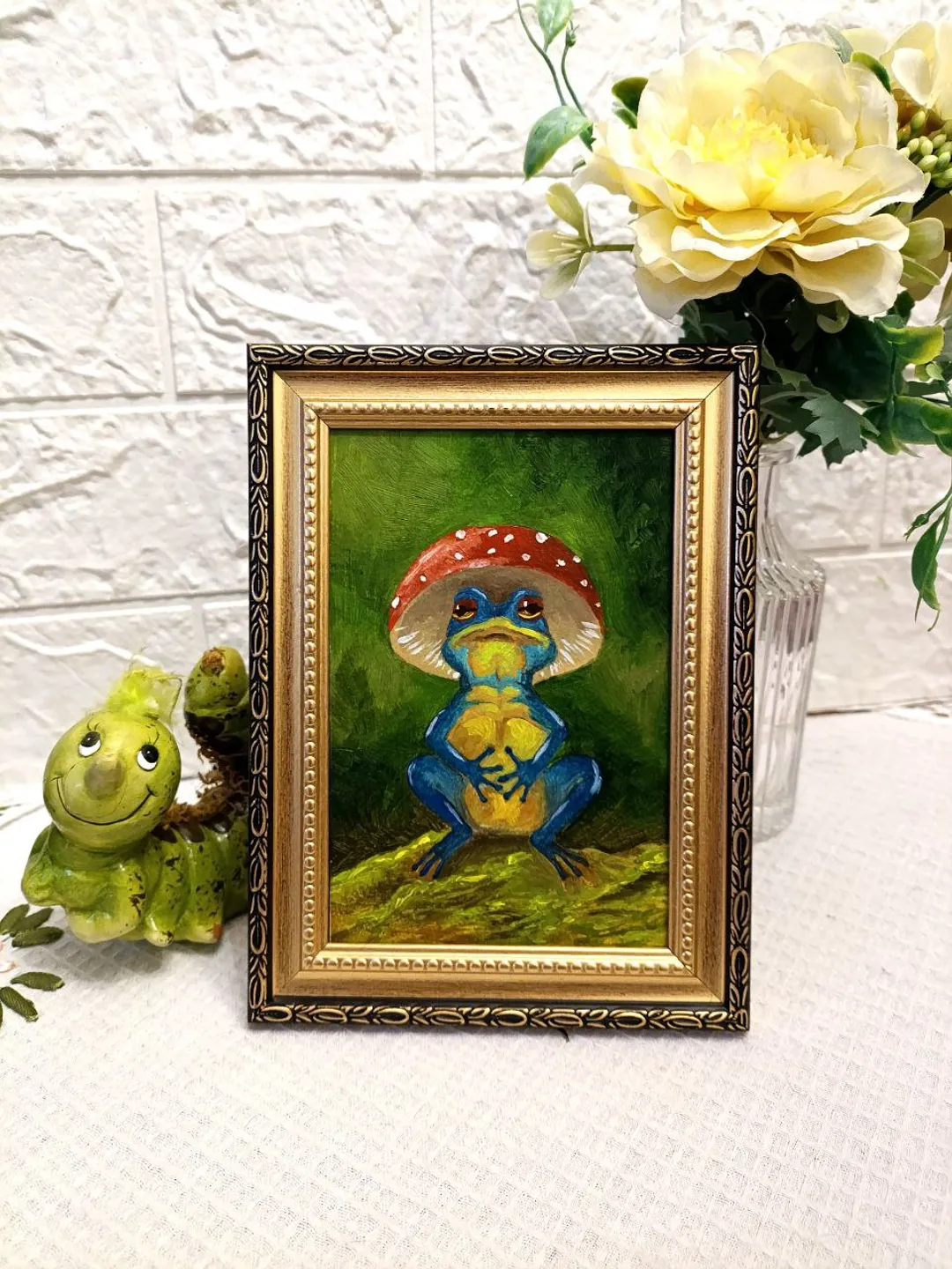 Frog in a mushroom hat oil painting 10x15 cm in a frame