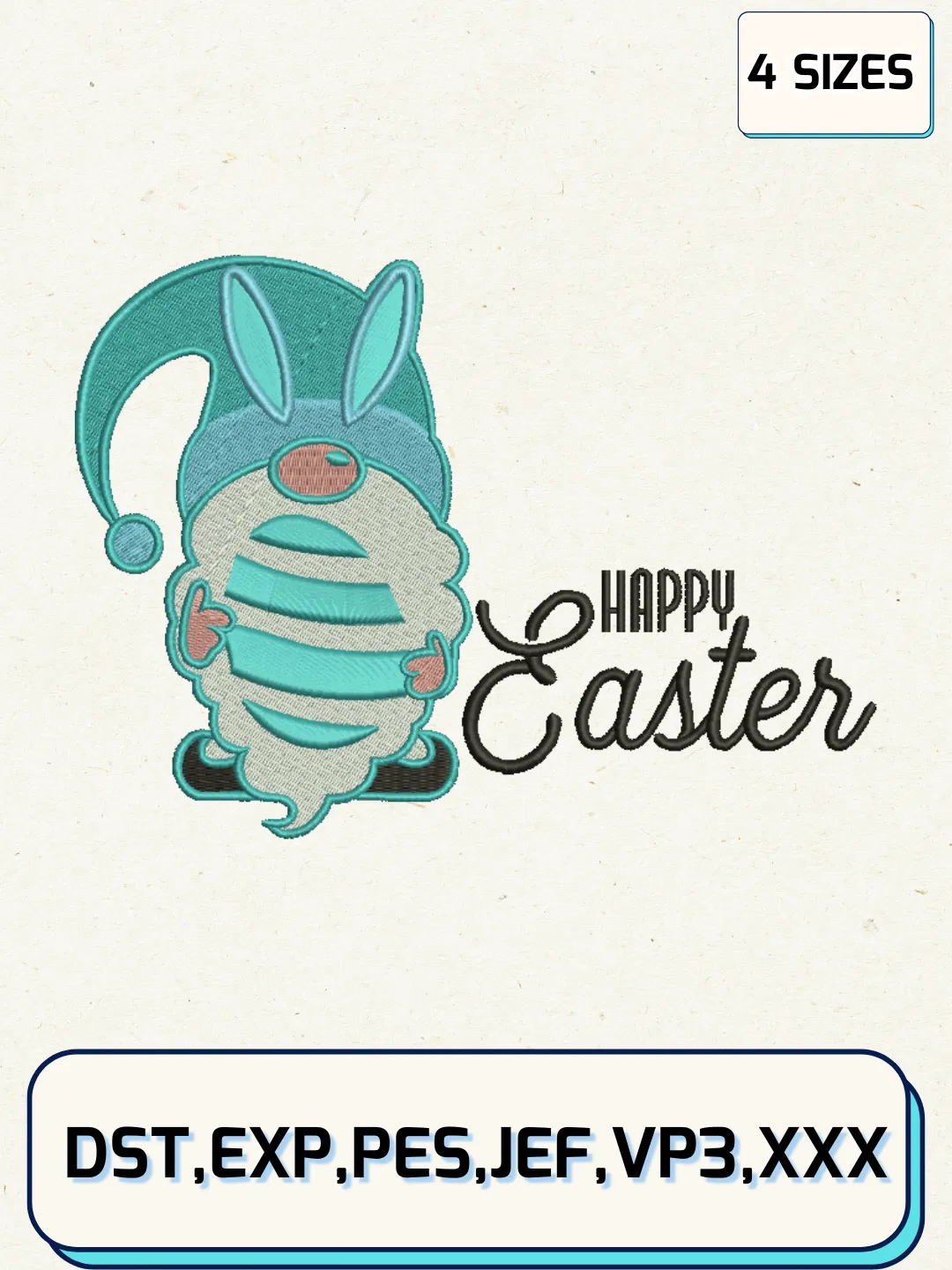 Gnome Happy Easter Embroidery Design Files, Easter Day Logos Embroidery Designs, Machine Embroidery Files, 4 Sizes