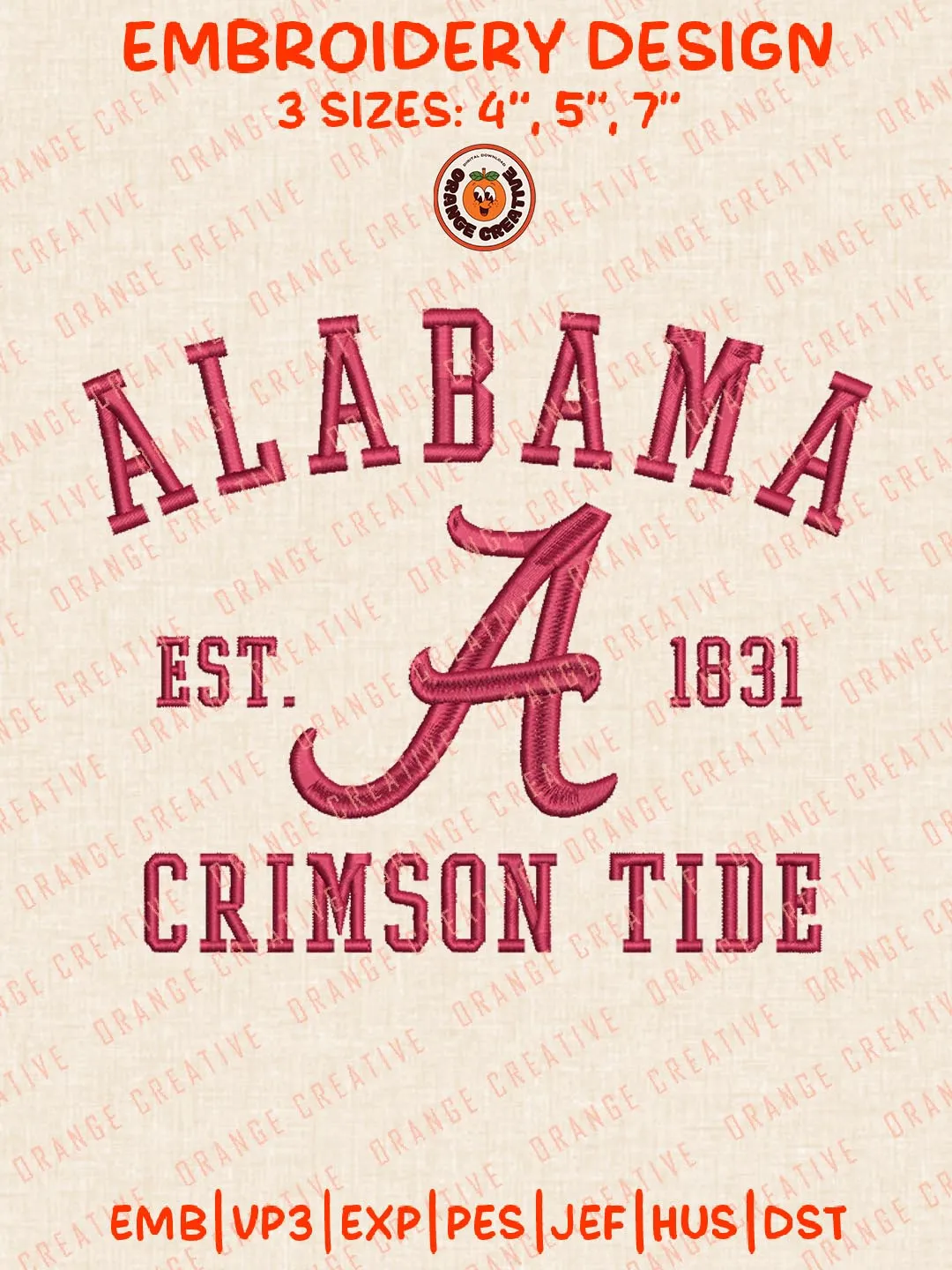 NCAA Alabama Crimson Tide Est 1831 Logo Embroidery Design, NCAA Team Embroidery Design, Machine Embroidery Design File, 4 Sizes, Custom Size, Digital Download