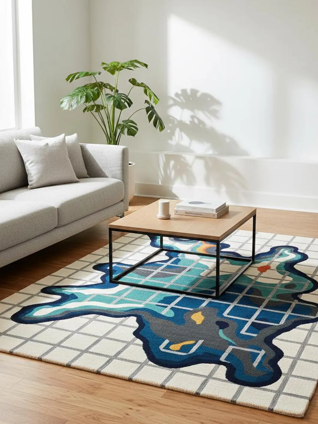 Modern Blue Abstract Wave Area Rug with Grid Pattern for Living Room ...