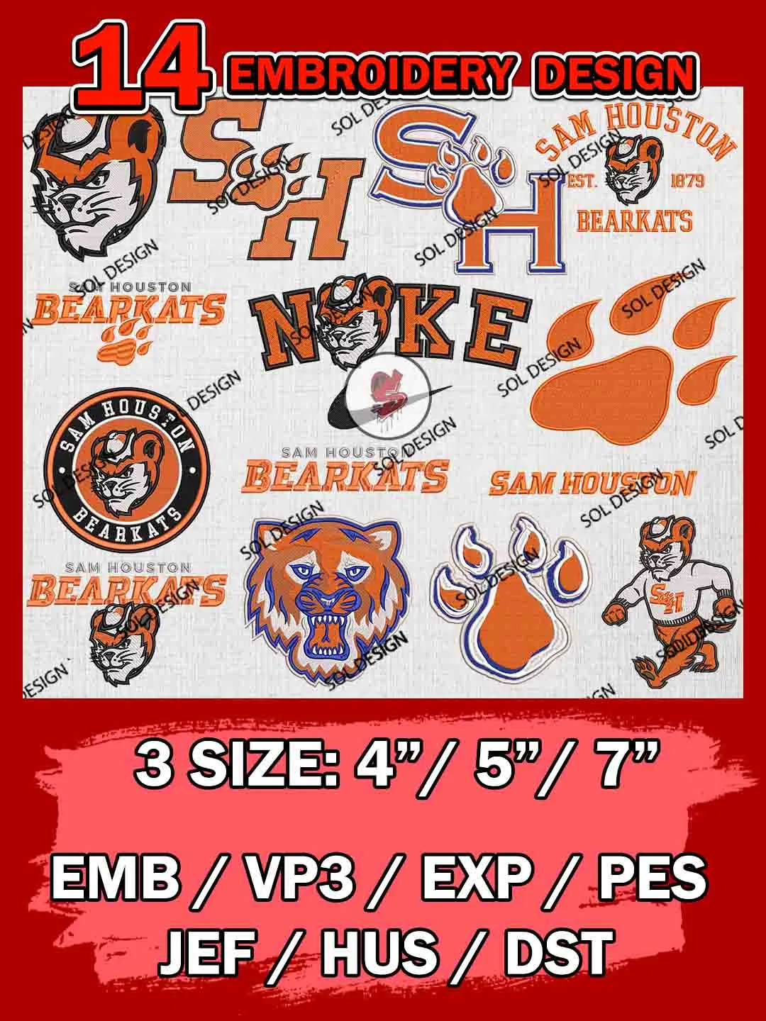 14 NCAA Sam Houston Bearkats Bundle Embroidery Files, NCAA Sam Houston Bearkats Team Bundle Embroidery Designs, NCAA Teams, National College Football Team 3 sizes, NCAA Sam Houston Machine Embroidery, Digital Download