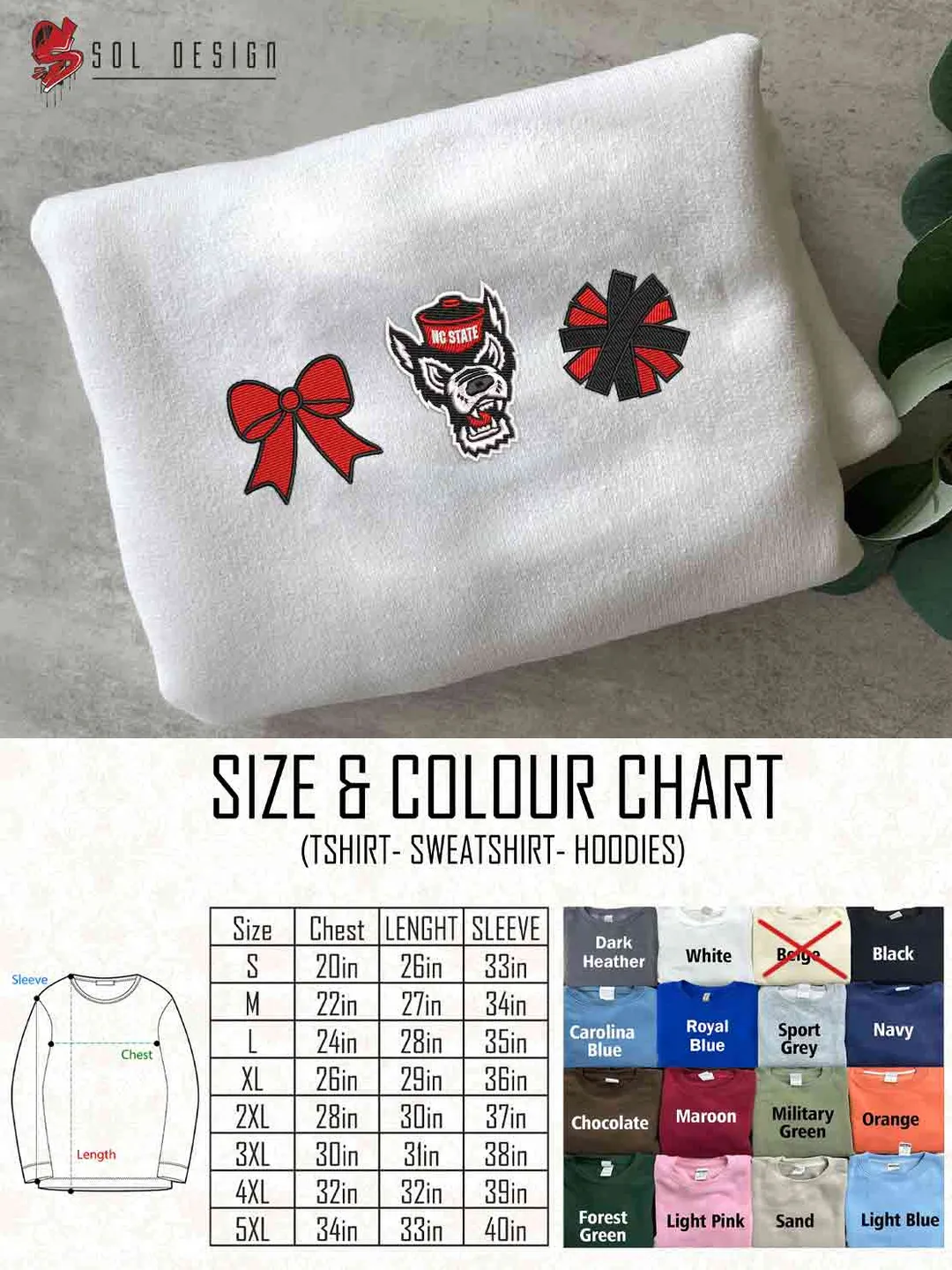 NC State Wolfpack Cheer Poms Bow Embroidered Sweatshirt, Football Embroidered Sweatshirt, Sport Game Day Cheerleader Shirt, Embroidered Hoodie, Unisex Crewneck, College Football Team Fan Gift Tee