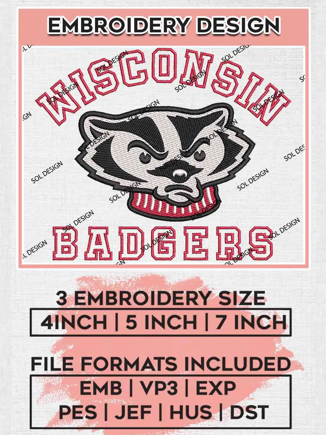 Wisconsin Badger Embroidery Design, Football Embroidery files, Sport Machine embroidery files, 3 sizes, Instant Download
