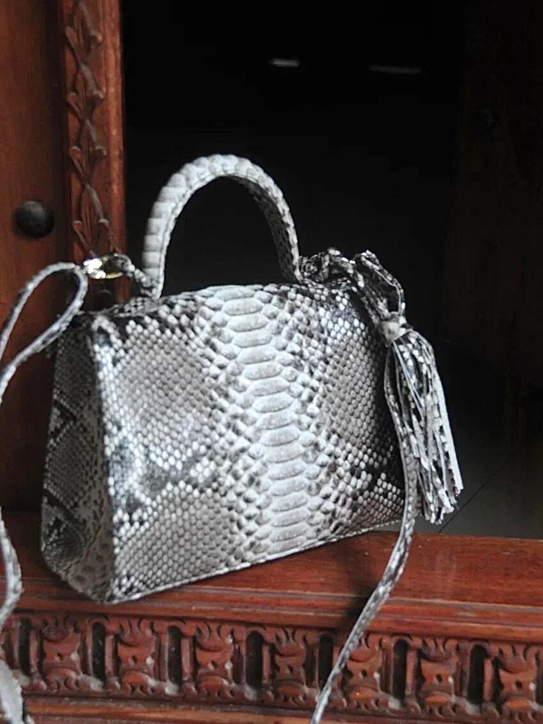 Top handle grey classy genuine python skin bag | exotic leather bags ...