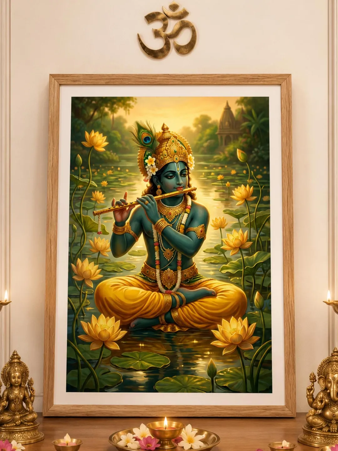 Meditative Lord Krishna with Flute, Yoga Studio Decor, Zen Wall Art, Hindu God Poster,
