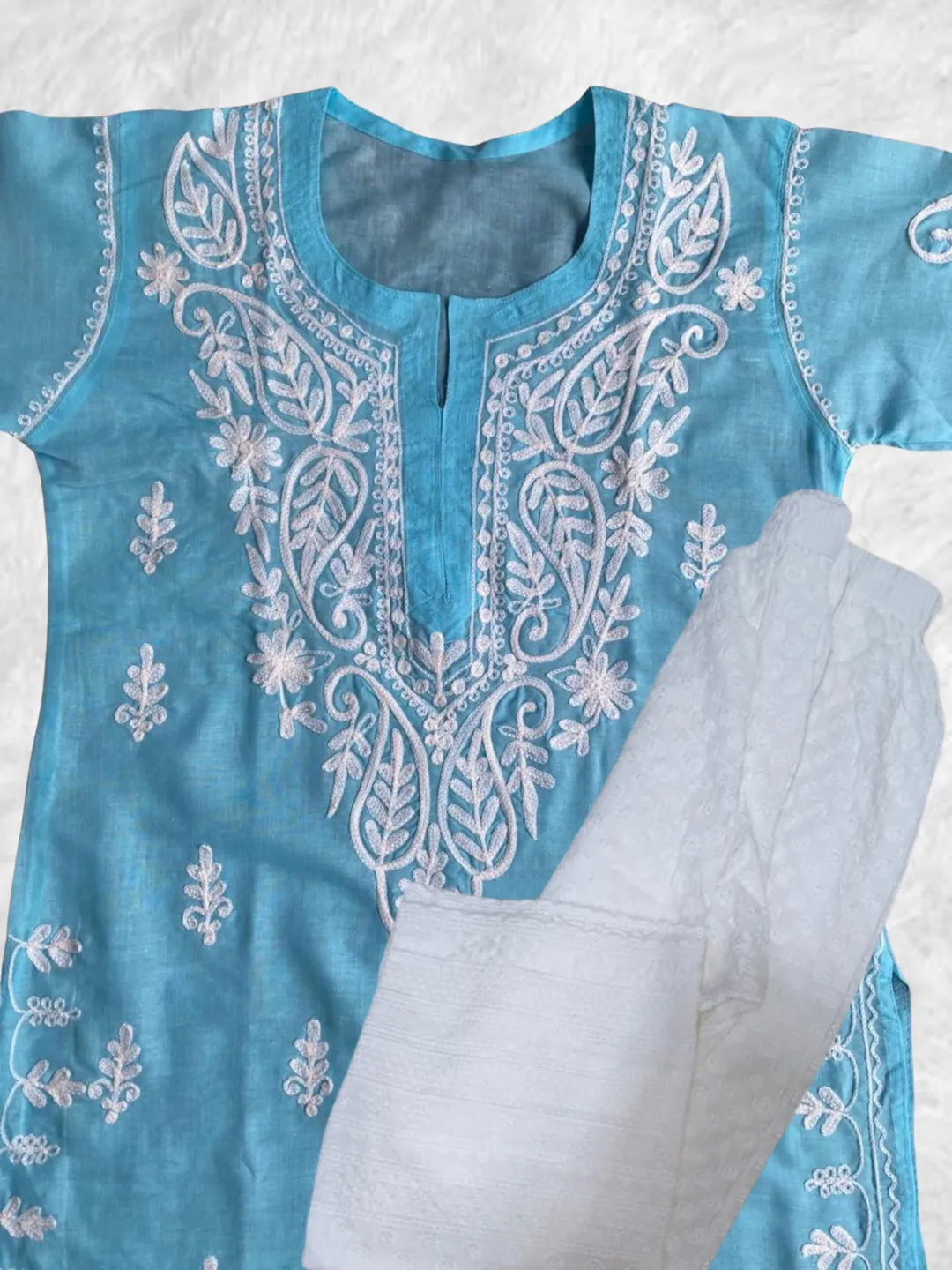 Hand Embroidered Chikankari Kurta Palazzo Set | Sky Blue Cotton Indian Ethnic Wear | Lucknowi Tunic Set | Boho Embroidered Indian Outfit