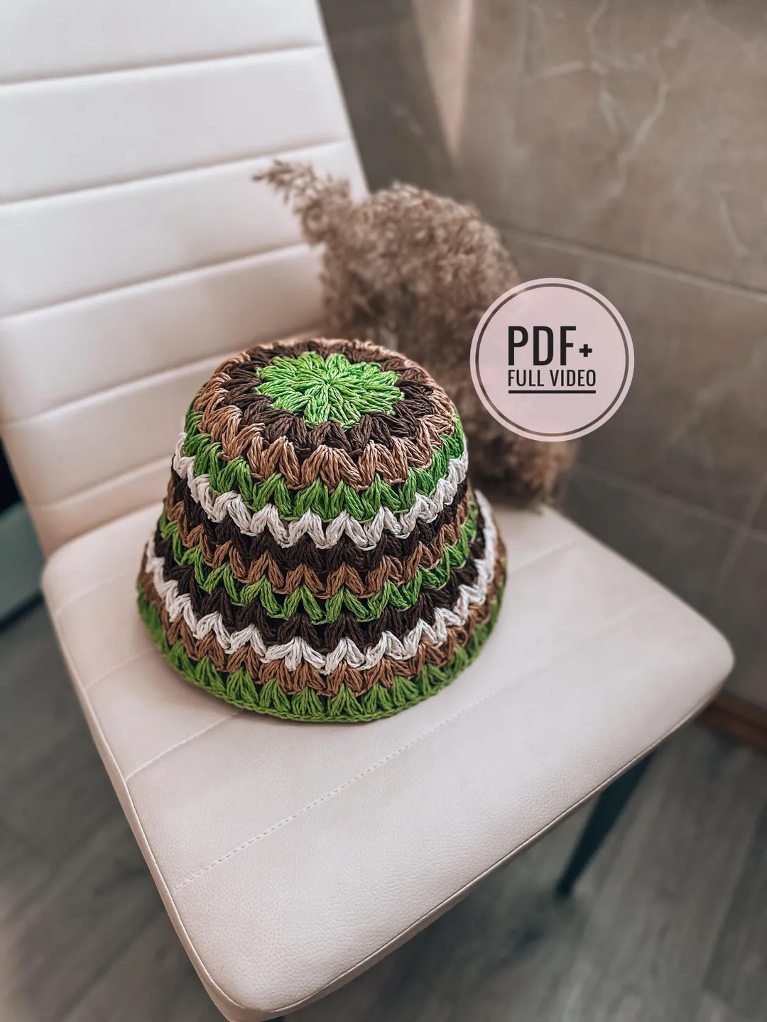Crochet pattern raffia bucket hat PDF digital instant download, video tutorial, summer hat, cap, women hat, wave hat