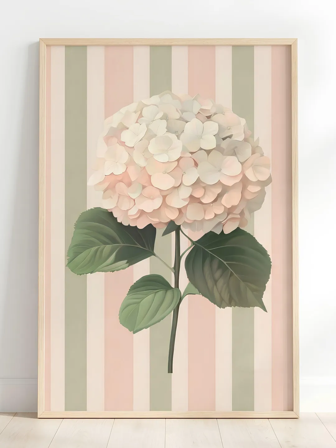 Hydrangea Wall Art - Blush Peach Striped Botanical Print, Vintage French Country Floral Decor for Bedroom or Living Room