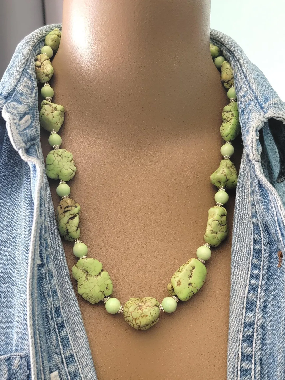 Green Magnesite Nugget Bead Necklace, Adjustable Length Long Artist Handmade Statement Beads, Apple Green Necklace