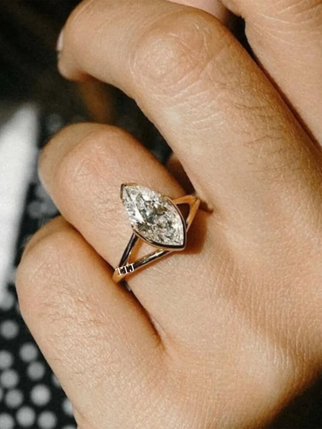 Marquise Cut Moissanite Engagement Ring Half Bezel Set Wedding Ring Split Shank Proposal Ring Solitaire Diamond Ring Anniversary Gifts