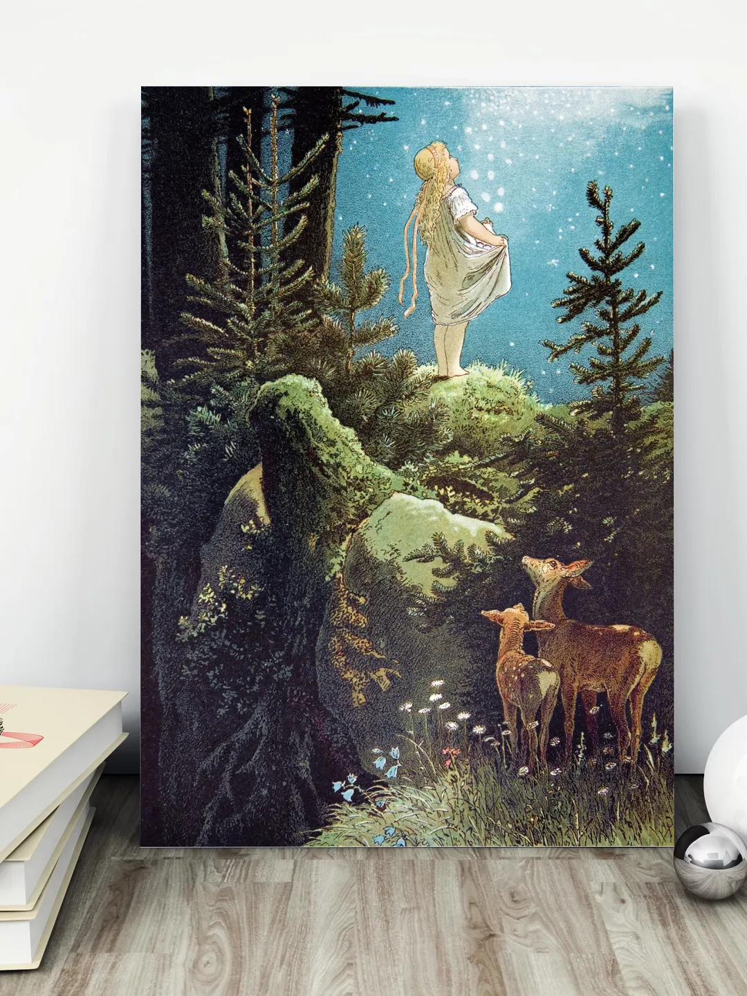 Little girl under a starry blue sky. Vintage fairy tale. Vintage illustration.