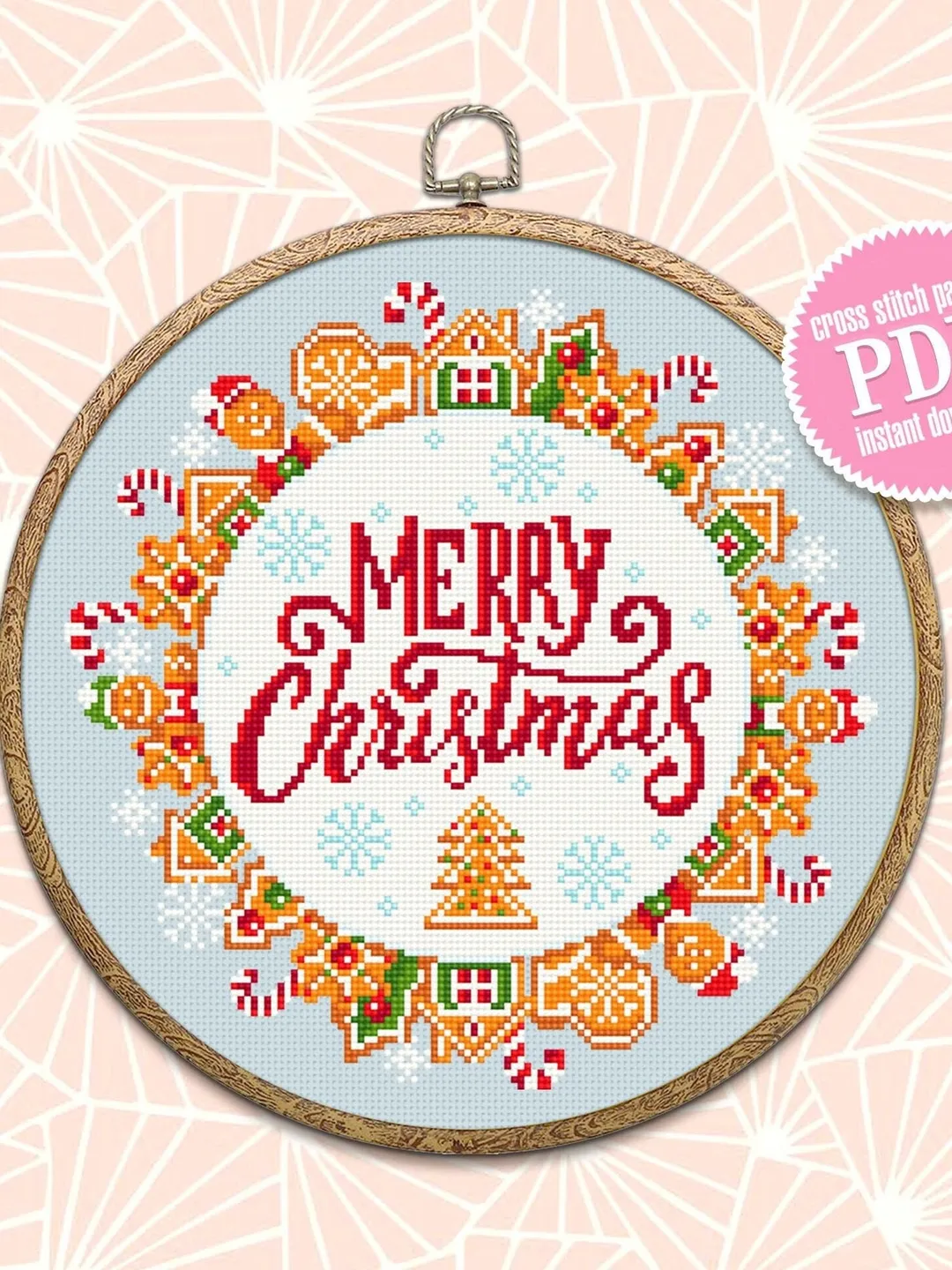 Merry Christmas cross stitch pattern download PDF Gingerbread wreath cross stitch chart Christmas pattern digital DIY Christmas decor #N23