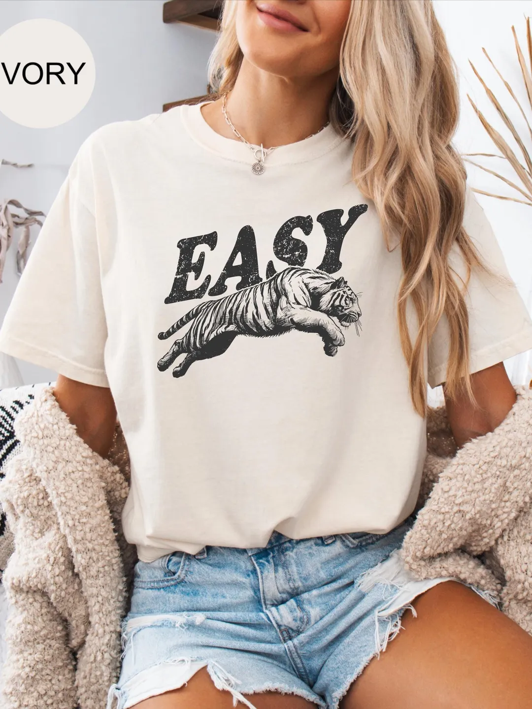Comfort Colors Easy Tiger T-Shirt: Retro Graphic Tee, Indie Boho Style