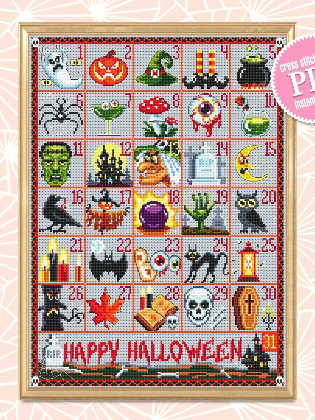 Halloween advent calendar cross stitch pattern PDF download Spooky cross stitch chart, Halloween pattern digital PDF Countdown calendar #H24
