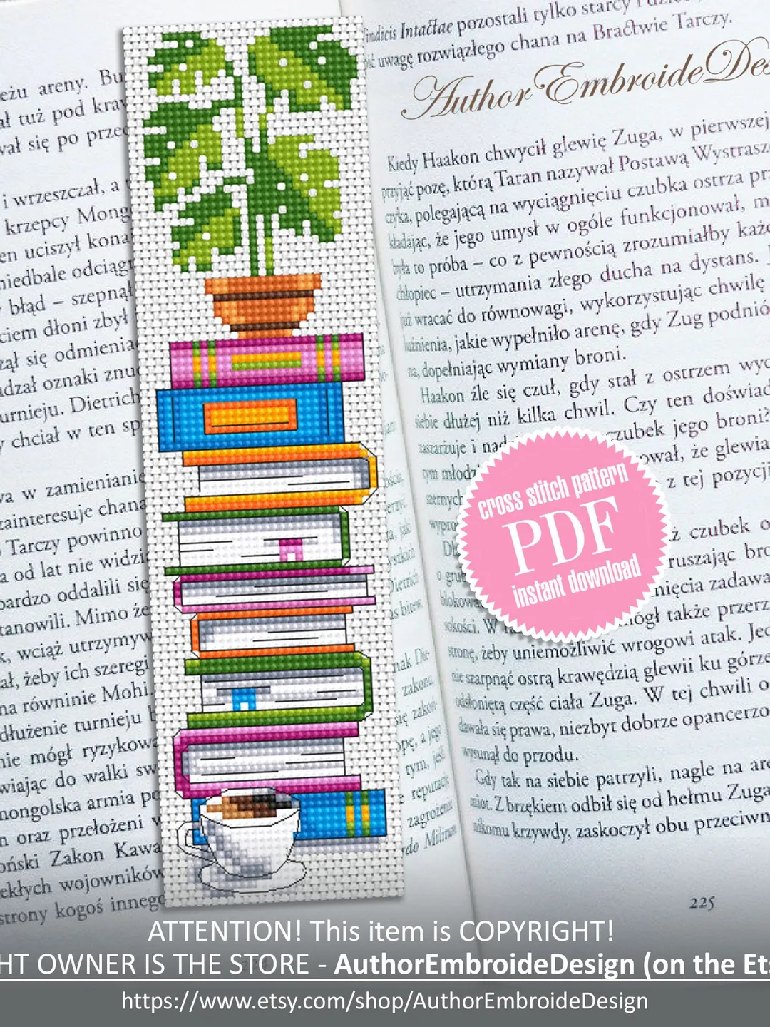 Monstera bookmark cross stitch pattern PDF download Monstera plant cross stitch chart, Bookmark pattern digital PDF, Book lover gift #B336