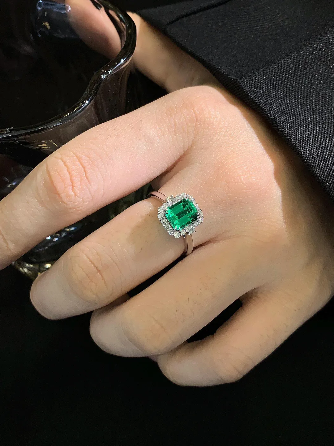 1.5CT Emerald Ring, 925 Sterling Silver Emerald Engagement Ring, Halo Gemstone Ring, Emerald Cut Promise Ring, Gift for Her