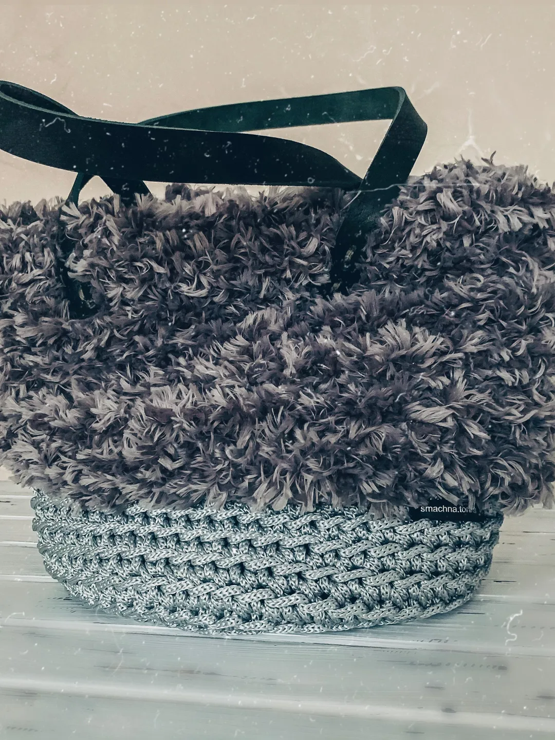 Grey market bag, purse with fur, shopping pouch, crochet boho bag, hobo slouchy bag, woven bag