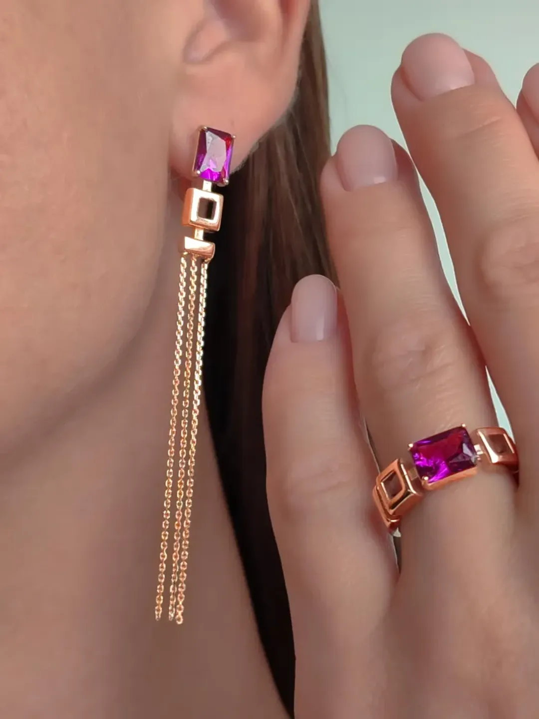 Earrings silver 925 long gold plated chains with amethyst