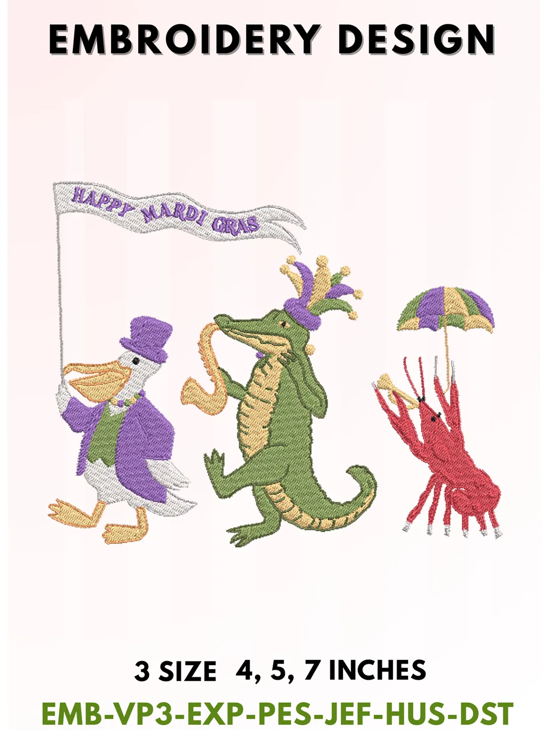 Happy Mardi Gras Animals Embroidery, Pelican Alligator & Crawfish Typography, Jazz Band Carnival Design, New Orleans Celebration Aesthetic, 3 Sizes