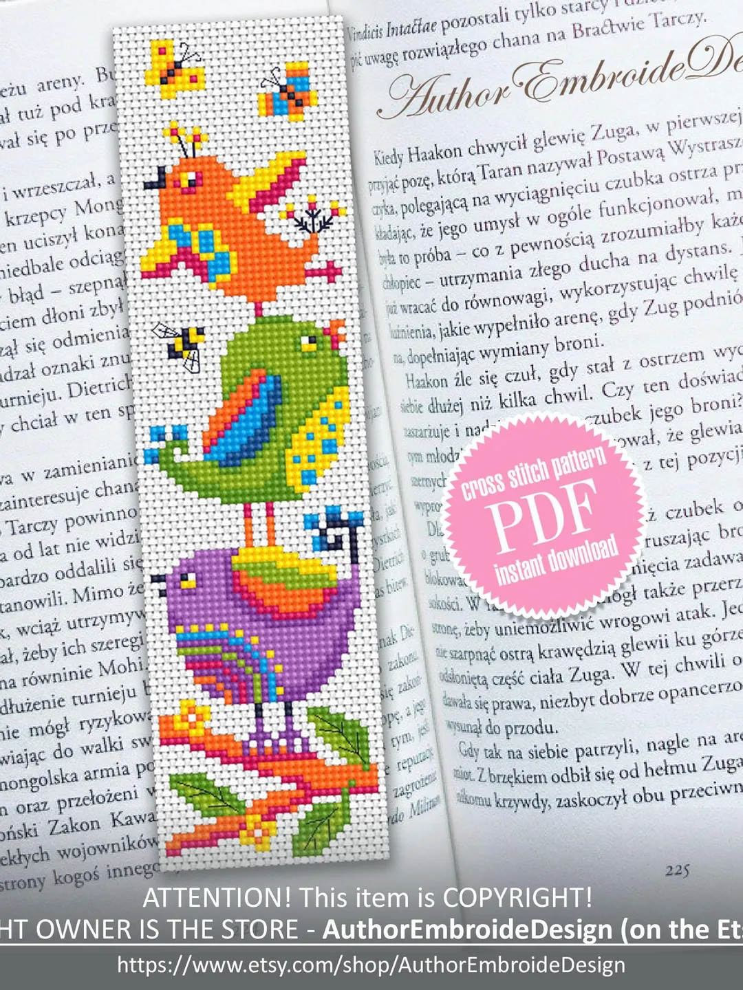 Folk bird bookmark cross stitch pattern PDF download Funny birds cross stitch chart, Cute bookmark pattern digital PDF Bird lover gift #B415