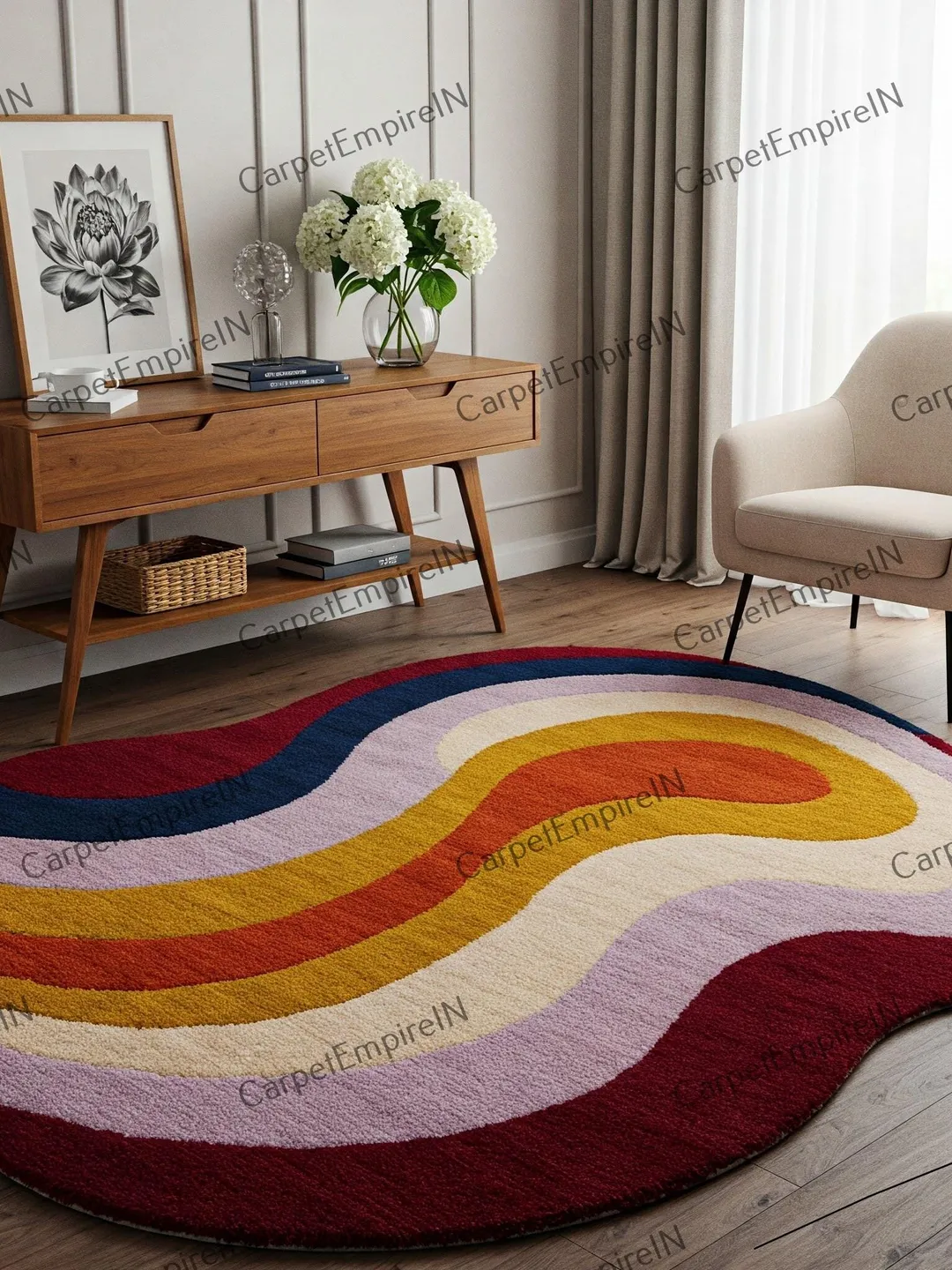 Wool Rainbow Rug Colorful Wavy Hand-Tufted Wool Rug, NZ Wool Cut Pile Rainbow Abstract ...