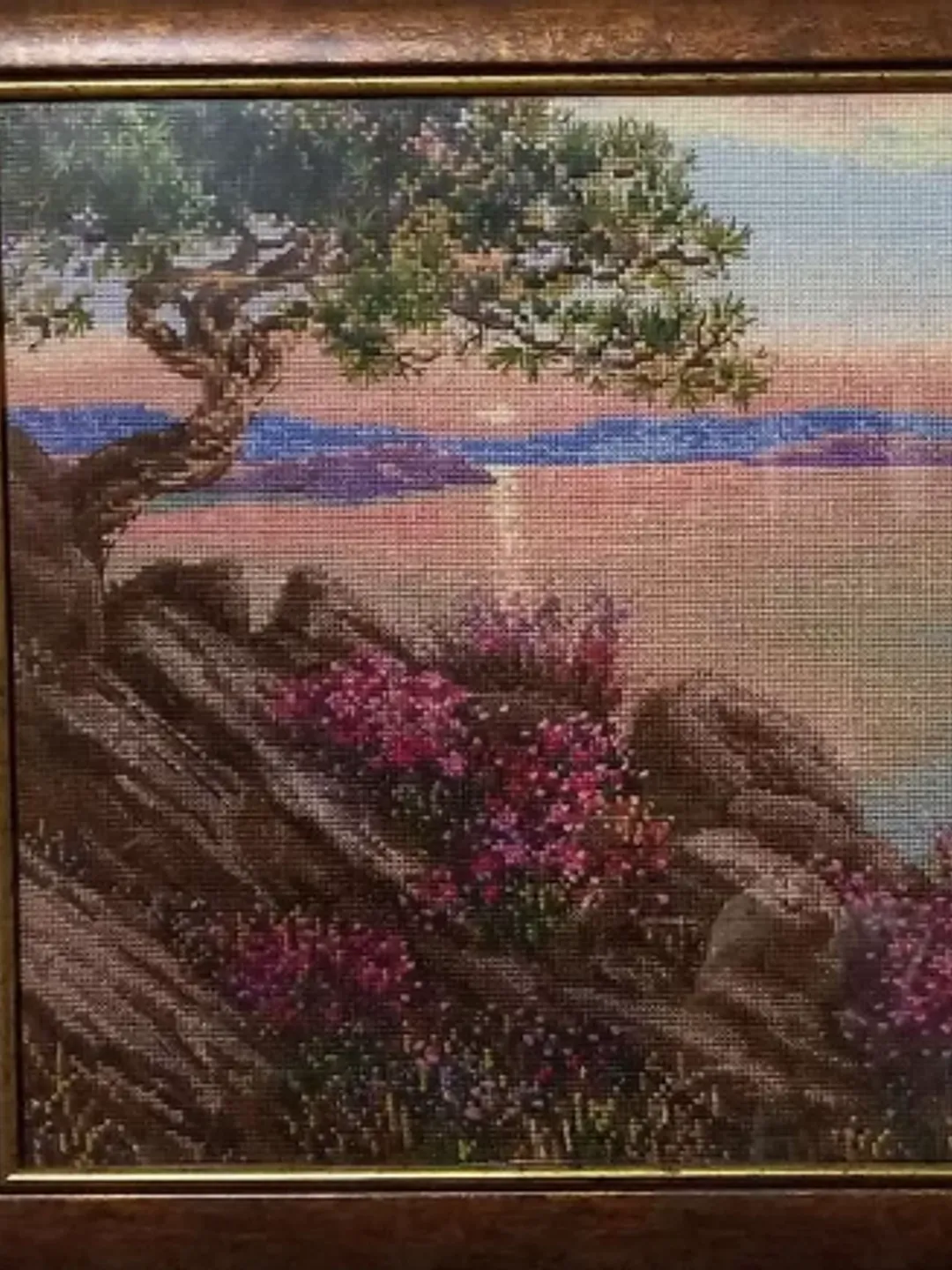 Framed picture, cross stitch "Mountain lake", size 40 x 60 cm