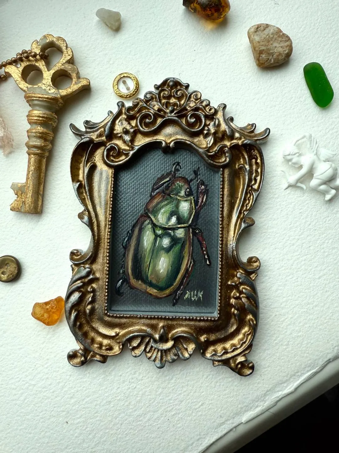Framed Insect Oil Painting Original Entomology Art Beetle Painting Gold Frame Dark Academia