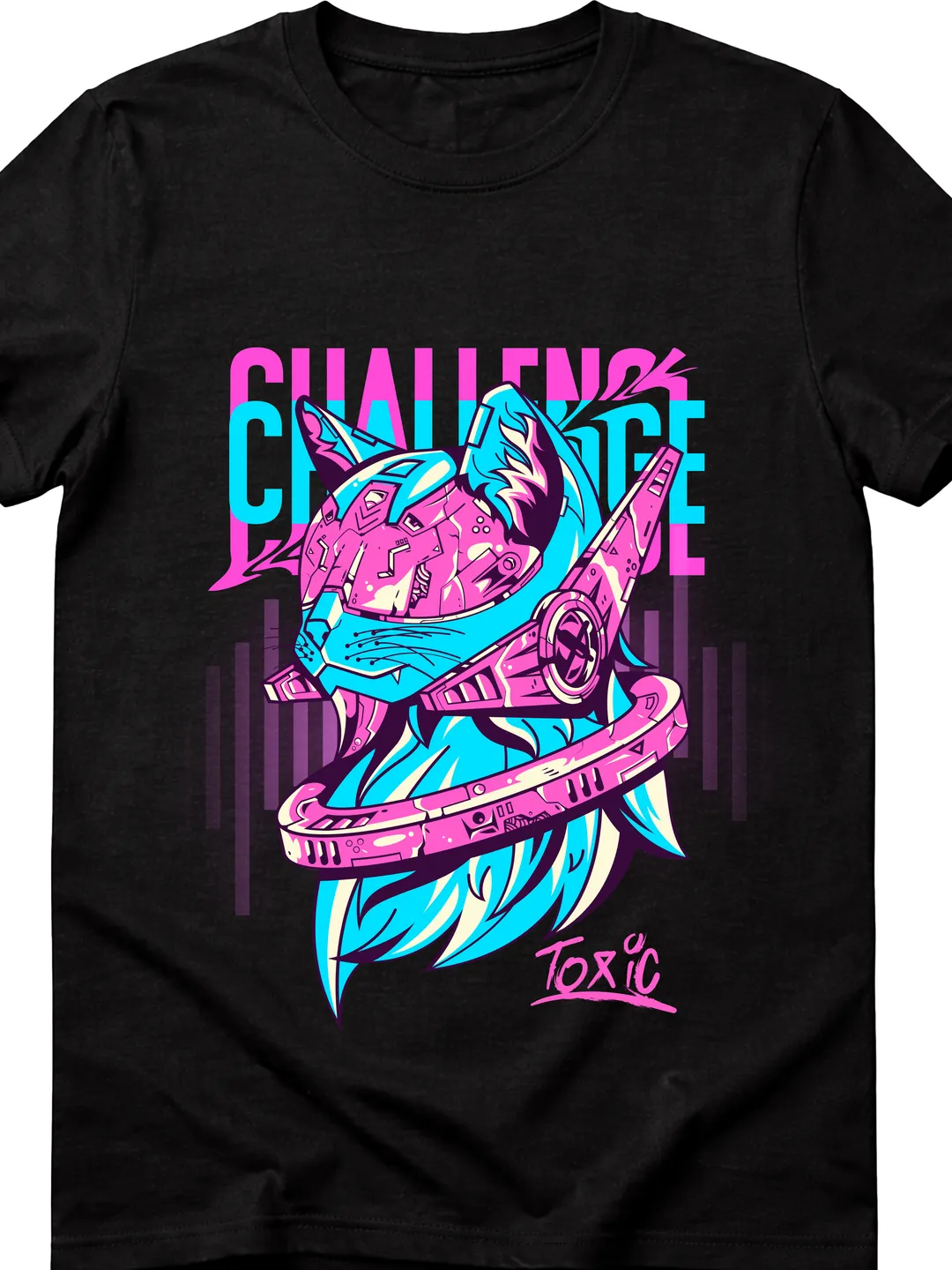 T-Shirt Design Pink Teal and Black Cyberpunk Cat Challenge T-Shirt Futuristic Graphic Tee