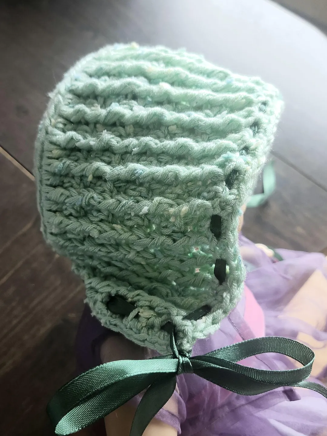 Handmade Crochet Baby Bonnet - Sage Green, Satin Ribbon Ties, Newborn Outfit