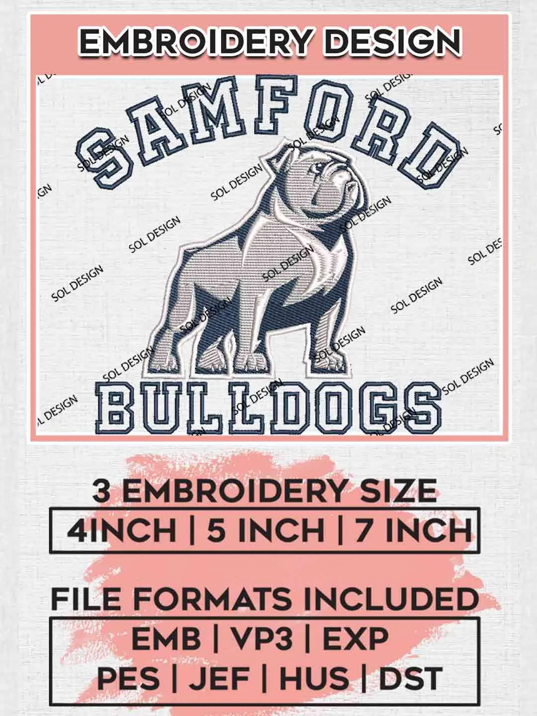 Samford Bulldog Embroidery Design, Football Embroidery files, Sport Machine embroidery files, 3 sizes, Instant Download