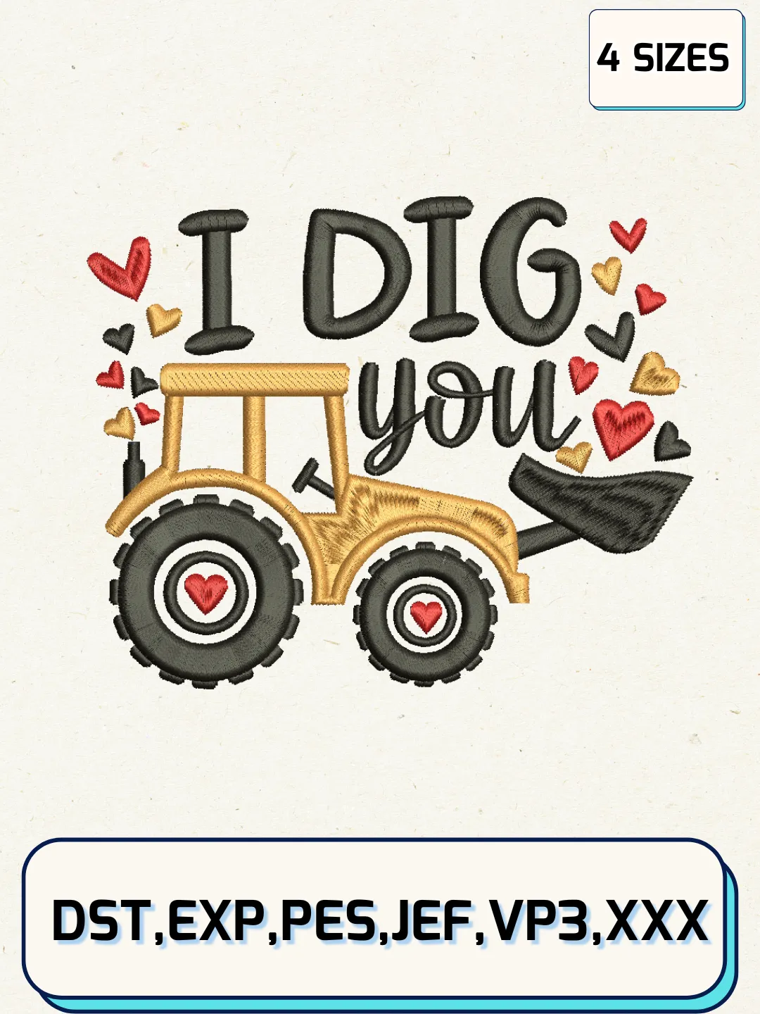 Tractor Valentine Embroidery Design Files, Valentine Logos Embroidery Designs, Machine Embroidery Files, 4 Sizes