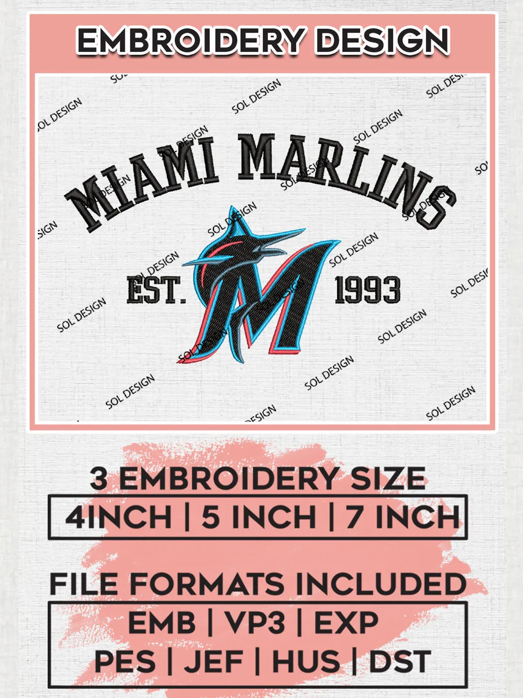 MLB Miami Marlins Team Est Logo Embroidery Design, MLB Team Embroidery files, Miami Marlins Baseball Team, Marlins Team, Digital Download