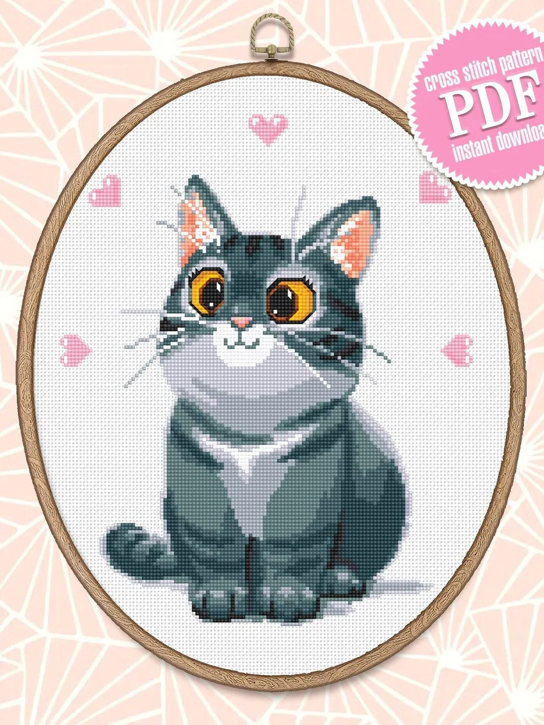 Cute gray cat cross stitch pattern download PDF Animal cross stitch chart, Cat hand embroidery PDF, Easy cross stitch Gift for cat lover #K3