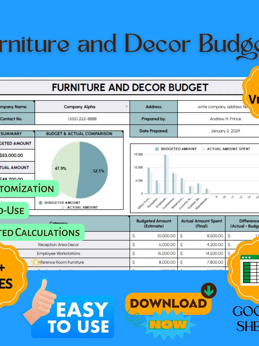 Furniture and Decor Budget Template, Home Styling Cost Planner ...
