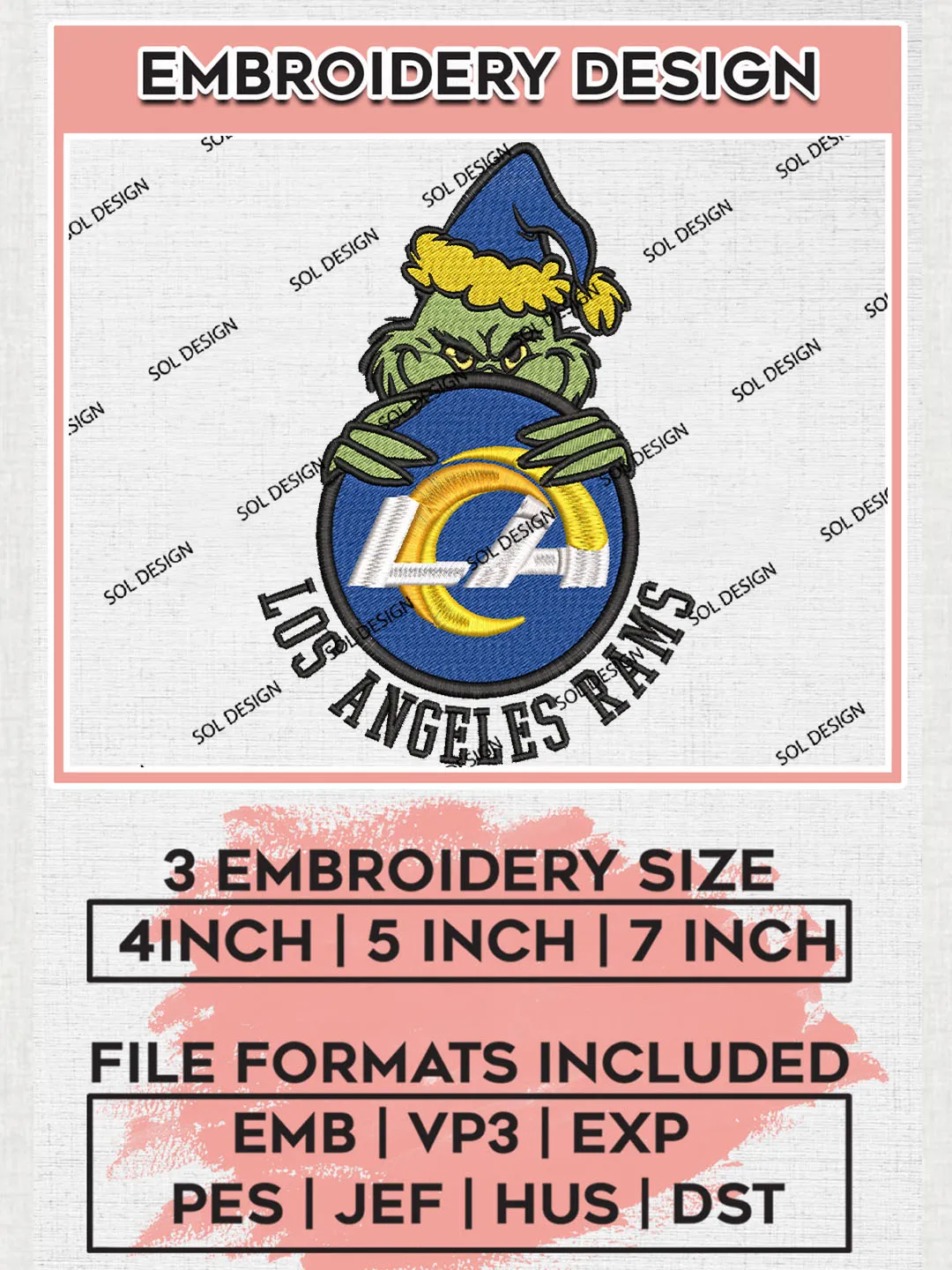 NFL Los Angeles Rams Team x Grinch Holding Ornament Logo Embroidery Designs, NFL Rams Team Machine Embroidery Files, NFL Football Teams, 3 sizes, Grinch Machine embroidery designs, Digital Download