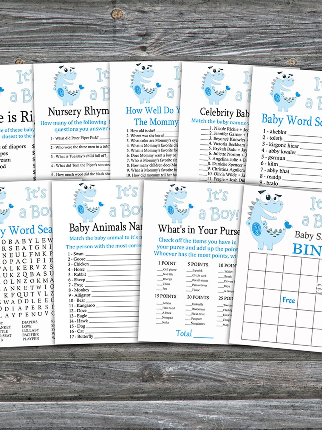 Blue Dinosaur baby shower games bundle,Dino Baby Shower games package,Fun Baby Shower Games,9 Printable Games-207