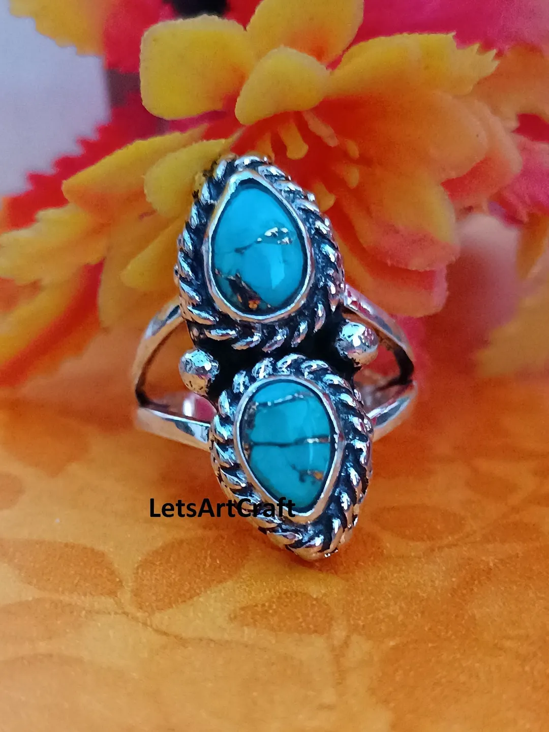 Handmade Turquoise Ring: 925 Sterling Silver Boho Statement Ring