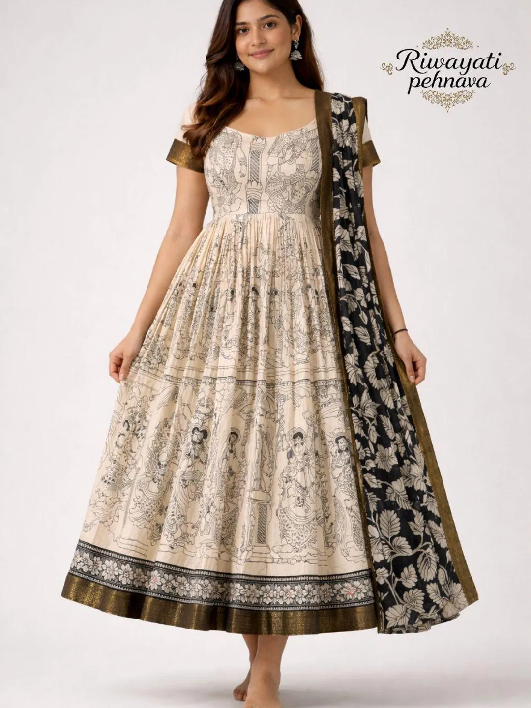 Kalamkari Anarkali Dress with Dupatta | Soft Dola Silk Indian Ethnic Dress Kalamkari Anarkali Dress with Dupatta | Soft Dola Silk Indian Ethnic Dress