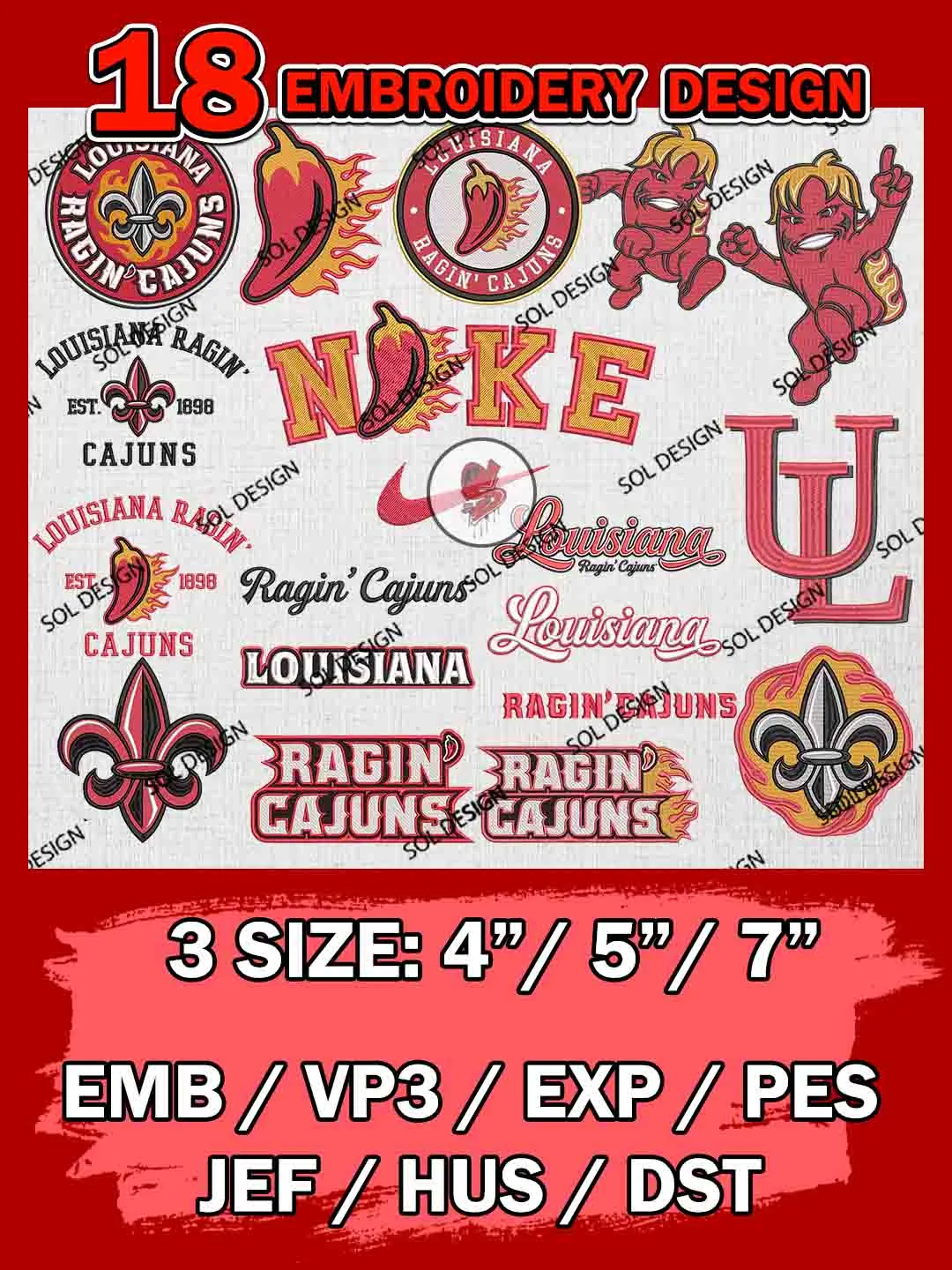18 NCAA Louisiana Ragin Cajuns Bundle Embroidery Files, NCAA Louisiana Ragin Cajuns Team Bundle Embroidery Designs, NCAA Teams, National College Football Team 3 sizes, NCAA Louisiana Ragin Machine Embroidery, Digital Download
