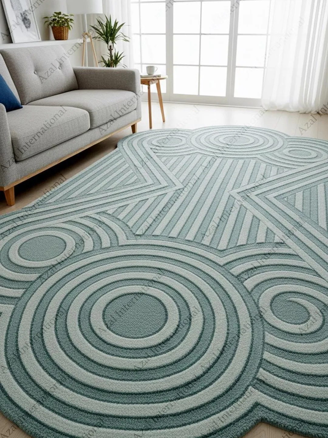 Modern Geometric Shaped Rug Hand-Tufted, Soft Blue Geometric Art Deco ...