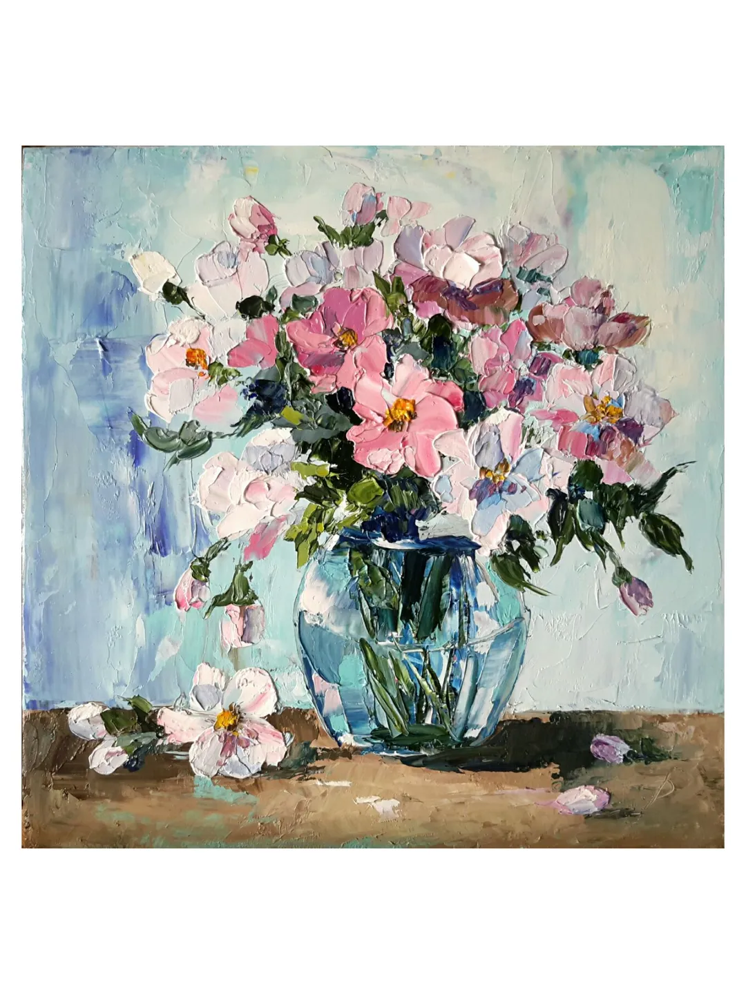 Apple Tree Flowers in a Vase Original Oil Painting Impasto Floral Square Artwork