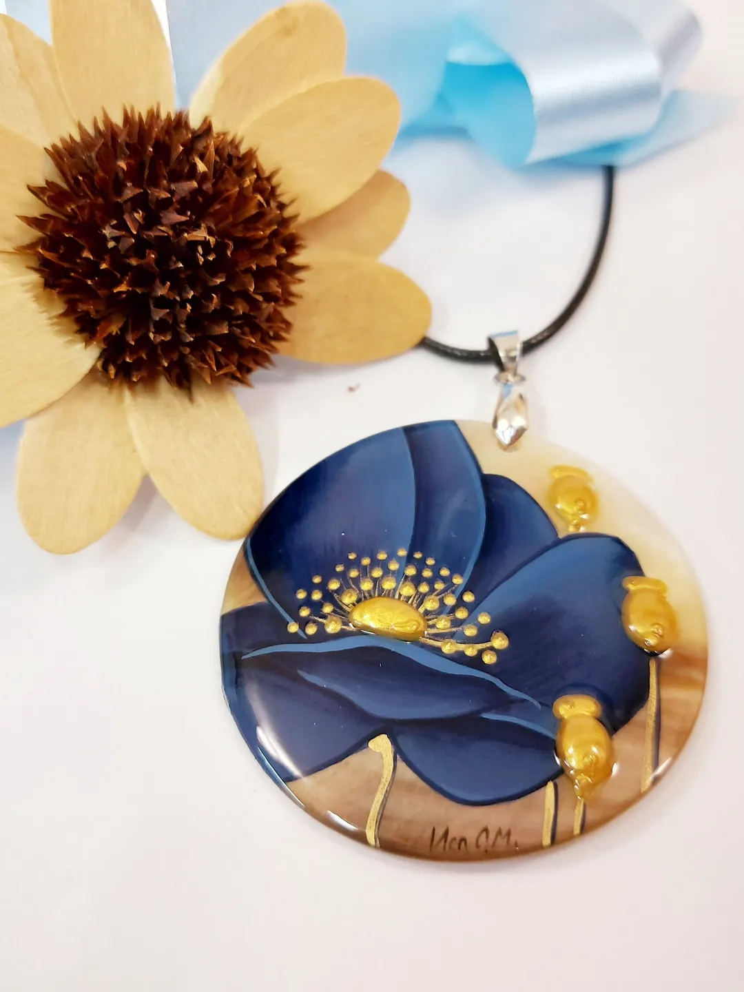 Pearl pendant necklace: An unusual blue poppy. Author's work. Painting. Jeweller ornament. Hand paint necklace pendant.
